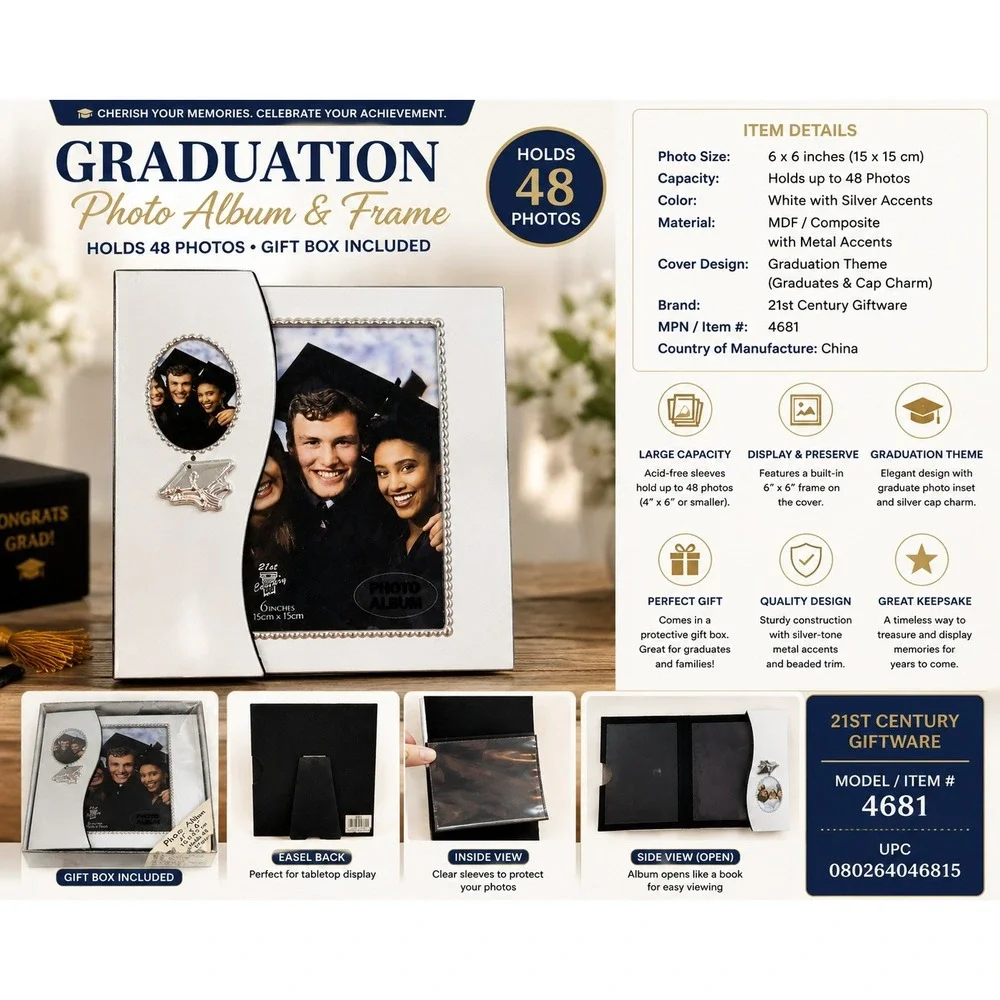 21st Century Giftware Graduation Photo Album & Frame White Silver 48 Photos 4681